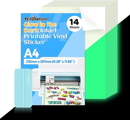 TECKWRAP Printable Vinyl Sticker Paper for Inkjet Printer, Glow in the Dark Vinyl Inkjet Printable Sticker Paper, 8.26" x 11.69" A4 Size for Scrap-booking, Craft Cutters, Home Decor, 14 Sheets/Pack
