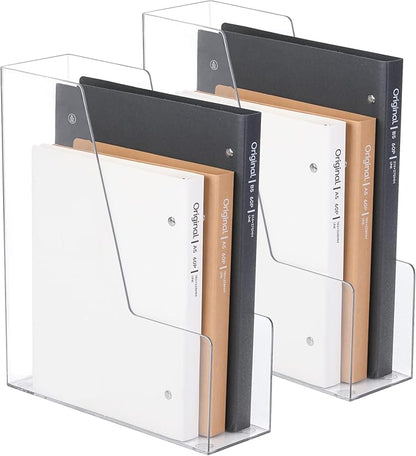 Vertical File Holder, PET Desk Organizer, Multi-purpose Plastic Document Storage Bins for Magazines, Binders, Notebooks, Envelopes, 2 Pack