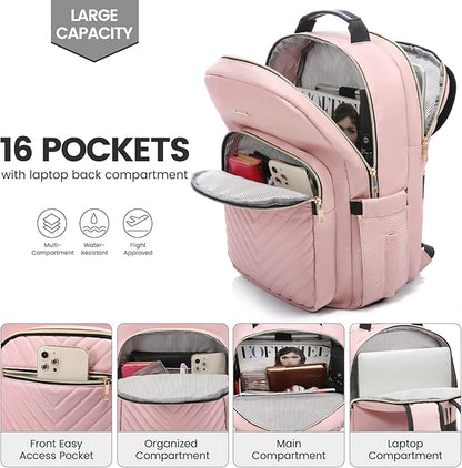 LOVEVOOK Laptop Backpack for Women 18.4 inch,Cute Womens Travel Backpack Purse,Professional Laptop Computer Bag,Waterproof Work Business College Teacher Bags Carry on Backpack with USB Port,Pink
