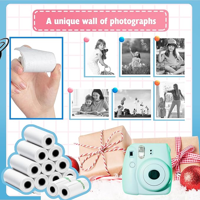 Thermal Paper,𝟏𝟐 𝐑𝐨𝐥𝐥𝐬 Kids Instant Camera Refill Print Paper, Atnadov HD Thermal Paper for Most Kids Instant Camera (White-12 Rolls)