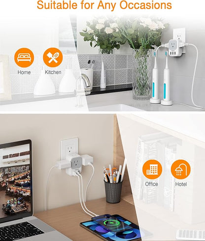 USB Charger Block, TESSAN Wall Plug Adapter with Electrical 4 Box Splitter 3 USB Wall Charger Ports, Multi Plug Outlet Extender Charging for Cruise, Travel, Office, Dorm Essentials