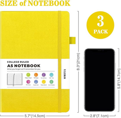 Lined Journal Notebook, 3 Pack A5 College Ruled Notebooks for Work, Hardcover Notebook Each with 2 Pockets & Pen, Leather Journal for Women, Men, 160 Pages, 100GSM Thick Paper (Multi-Colors 5.7"x8.3")