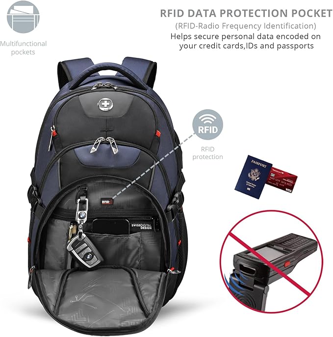 Swissdigital Design Large Business Laptop Backpack with Smart USB Charging Port, Travel Backpack Fits 15.6 inches laptops, Water Repellent College Backpack for Men Women (VECTOR SD803-12 Blue/Black)