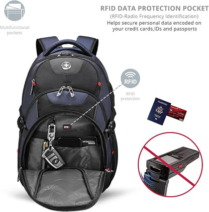 Swissdigital Design Large Business Laptop Backpack with Smart USB Charging Port, Travel Backpack Fits 15.6 inches laptops, Water Repellent College Backpack for Men Women (VECTOR SD803-12 Blue/Black)