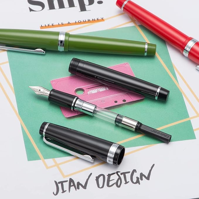 Jinhao 82 Avocado Green Acrylic Fountain Pen, Iridium Medium Nib Classic Design Smooth Writing Pen with Ink Converter (Silver Trim)