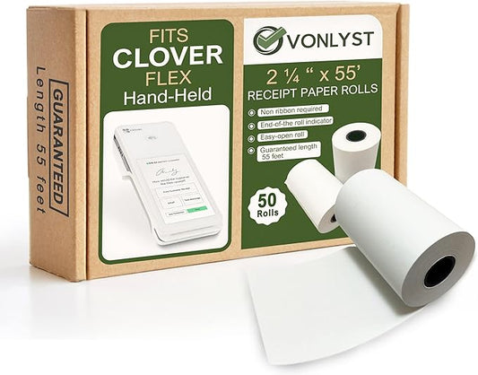 Thermal Paper Roll for Clover Flex Receipt Paper 2 1/4 x 55 (50 rolls)