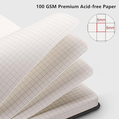RETTACY Graph Paper Notebook, A5 Grid Notebook Journal with 192 Pages, 5.7'' × 8.3'', Medium Size, Leather Hardcover, 100 GSM Thick Paper, for Students, Homework, Math, Engineering (Black)