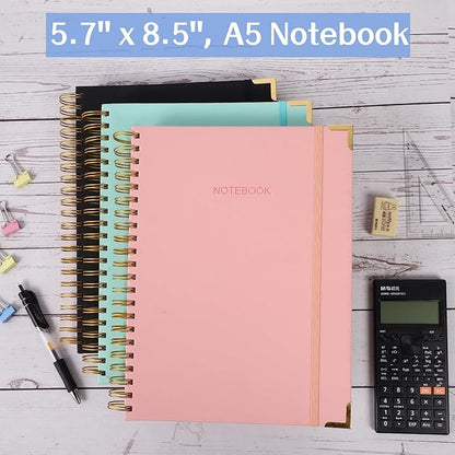 Spiral Notebook, Hardcover Leather Journal for Women Men, 300 Page Thick Notebooks College Ruled for Work, School, Note Taking, Writing Journals, Large A5 Notebook with Tabs Sticky, 5.7" x 8.5", Red