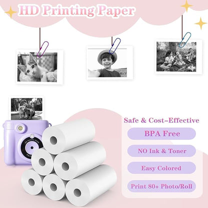 6 Rolls Kids Camera Instant Print Refill Paper Set, Phetium HD Printing Thermal Paper for Most Kids Instant Camera Photo Print (2*Pink, 2*Blue, 2*Yellow)