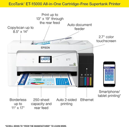Epson EcoTank ET-15000 Wireless Color All-in-One Supertank Printer with Scanner, Copier, Fax, Ethernet and Printing up to 13 x 19 Inches, White