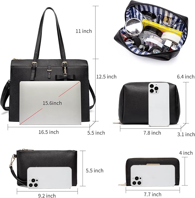 Keyli 4pc Sets Laptop Bag for Women Large Leather Laptop Briefcase with USB Charging Port Computer Shoulder tote Bags Purse