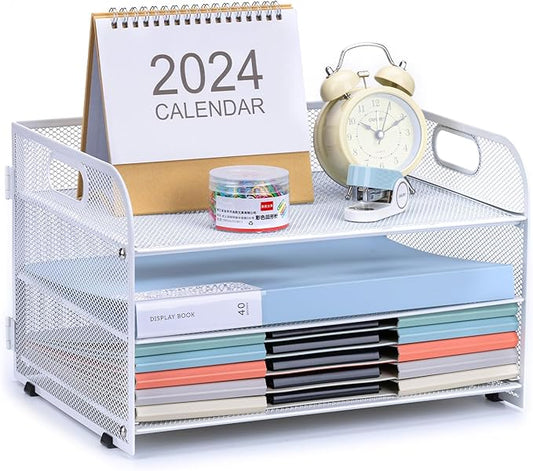 3-Tier Letter Tray Paper Organizer with Handle,Compact Mesh Desk File Organizer for Home Office Supplies Desktop Accessories,White