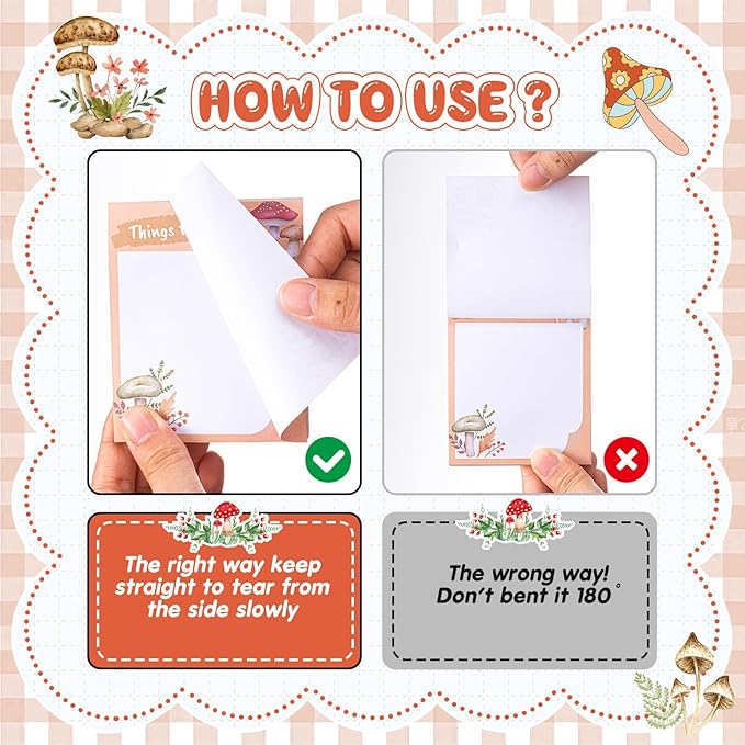 Sabary 9 Pads Sticky Notes 3.15 x 3.94 Inches Cute Self Sticky Note Pads Colored Adhesive Notepad for Memo Reminder Journal Studying Office Home Gift (Mushroom)