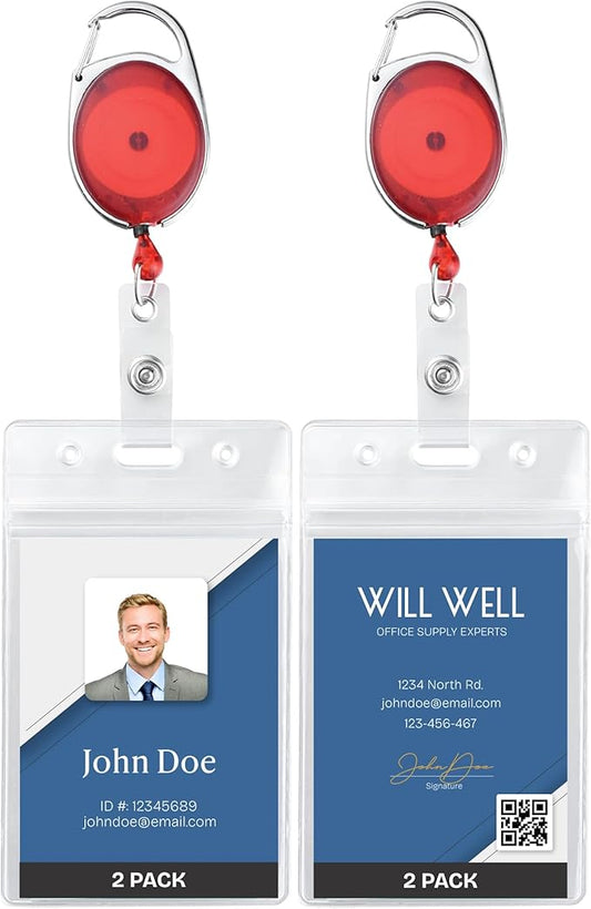Will Well ID Badge Holders with Clip and Keyring - Vertical Clear Plastic 3.7" x 2.5" Sleeves Fit Up to 3 Cards - Retractable 24" UHMWPE Fiber Pull Cords - 2-Pack, Transparent Red Reels