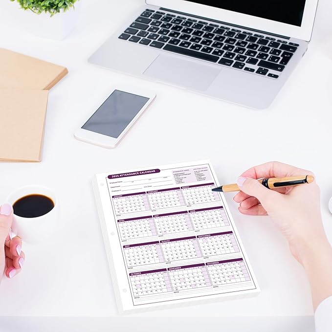 ReliThick 50 PCS 2025 Attendance Calendar Card Stock Paper 2025 Attendance Sheets for 3 Hole Binder Employee Record Folders for Manager, HR, Store Location Managers(Purple)