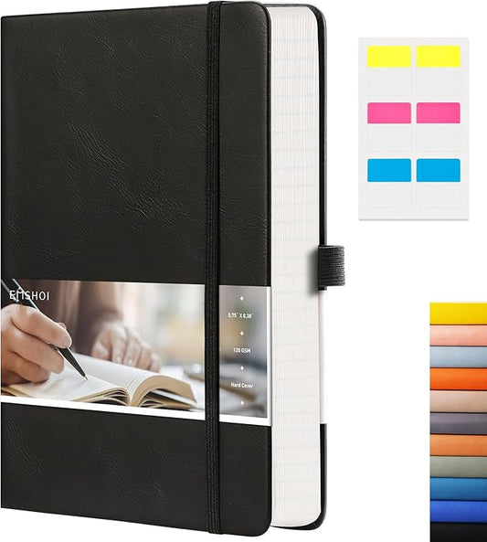 EMSHOI Lined Journaling Notebooks - 120gsm Thick Leather Journal with Sticky Notes, 256 Numbered Pages A5 Hardcover College Ruled Notebook for Women Men Work School Writing, 5.75" x 8.38"-Black