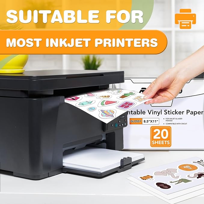 20 PCS Sticker Paper for Inkjet Printer，Printable Vinyl Sticker Paper Dries Quickly Vivid Colors，8.5"x11" Tear Resistant Printable Vinyl，Glossy White,Inkjet & Laser Printer