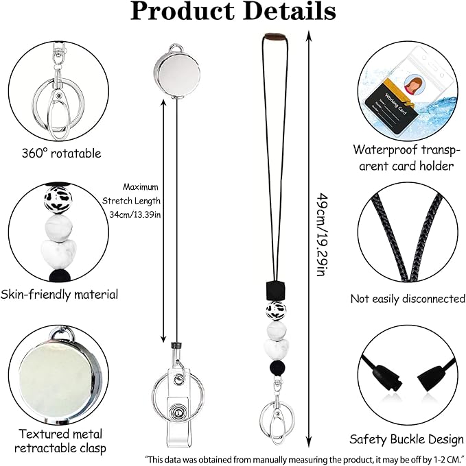 Colorful ID Badge Holder with Silicone Beads Lanyard Set,Cute Teacher Breakaway Lanyard for Keys & Keychain with Cute Retractable Badge Reel Holder,Gift for Women,Nurse, Teacher. (Black White Heart)