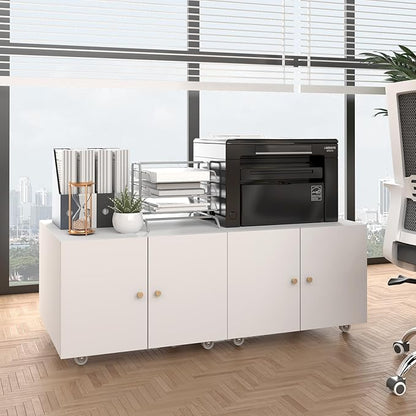 Under Desk Printer Stand with Wheels, Low Printer Stand Storage, Filing Cabinet with Paper Storage Shelf, File Carts with 2 Doors, Mobile Printer Holder for Home Office, School, White
