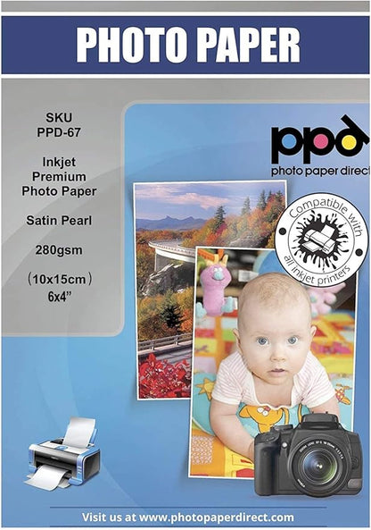 PPD Satin Photo Paper for Inkjet Printer, Premium Semi-Gloss Luster Finish 4 x 6 Size Sheets for Printable Photos, Thick 255 gsm 68 lbs 10.5 mil, White, Water Resistant & Instant Dry Prints (100 Pack)