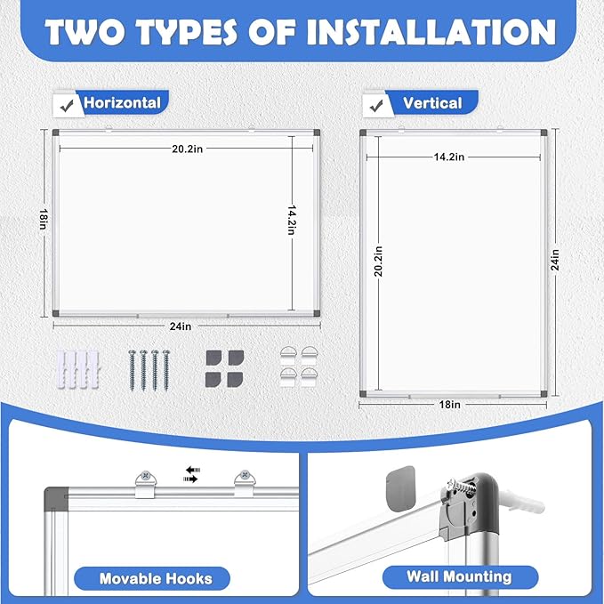 WALGLASS Double-Sided White Board, 24" x 18" Dry Erase Board Magnetic Whiteboard for Wall, Hanging Mounted Whiteboard Silver Aluminium Frame for Home, School, Office, Kitchen