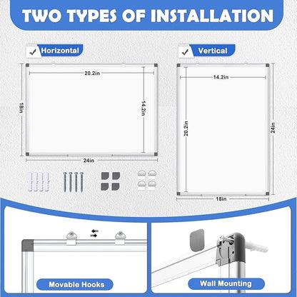 WALGLASS Double-Sided White Board, 24" x 18" Dry Erase Board Magnetic Whiteboard for Wall, Hanging Mounted Whiteboard Silver Aluminium Frame for Home, School, Office, Kitchen