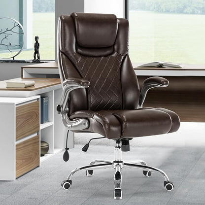 Executive Office Chair Desk Swivel Chair High Back Computer Chair - Adjustable Lumbar Support with Flip-Up Arms PU Leather Chair with Spring Cushion (Brown)
