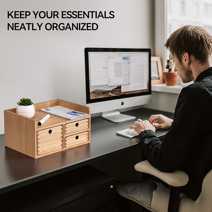 KIRIGEN Desk Organizer with 3 Drawers - Wood Drawer Storage Box with Trays for Tabletop - Workspace Office Toiletries Supplies Tool Caddy - Wooden Storage Cabinet Natural（DT1D3C-NA）