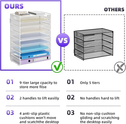 Marbrasse Paper Organizer Letter Tray, 9 Tier Mesh File Organizer with Handle, Paper Sorter Desk Organizer for Home Office Supplies - White