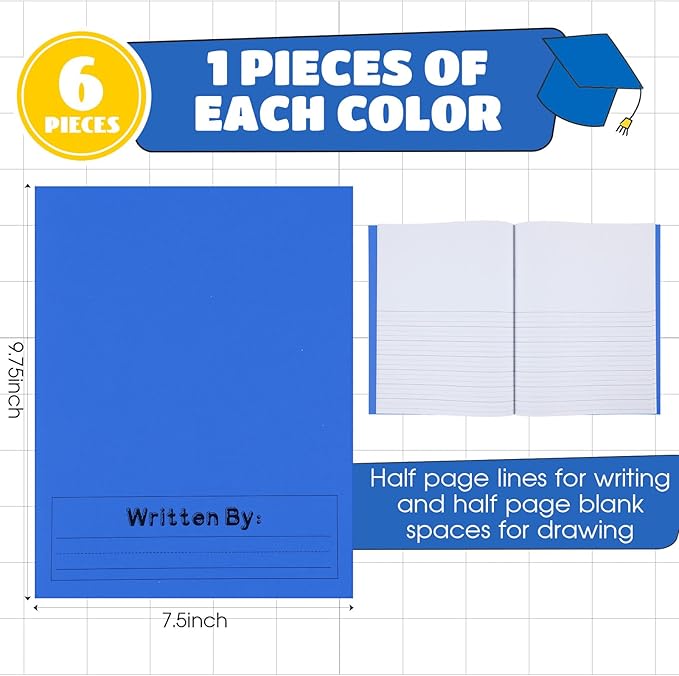 Henoyso 6 Pcs Primary Composition Notebook K-2 9 3/4 x 7 1/2 Inch Primary Journal Blank Writing Book for Kid to Write Draw and Journal 60 Page Notebook Back to School Supplies (Blue)