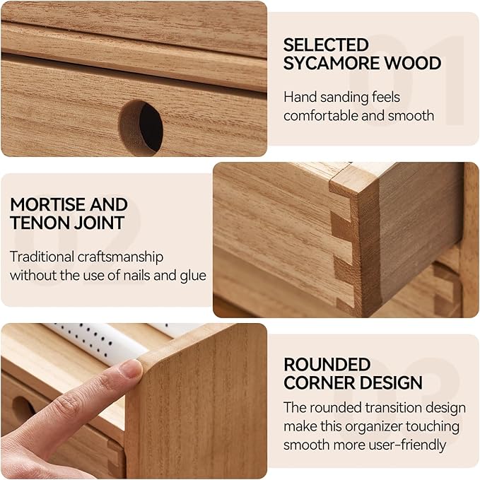 KIRIGEN Desk Organizer with 3 Drawers - Wood Drawer Storage Box with Trays for Tabletop - Workspace Office Toiletries Supplies Tool Caddy - Wooden Storage Cabinet Natural（DT1D3C-NA）