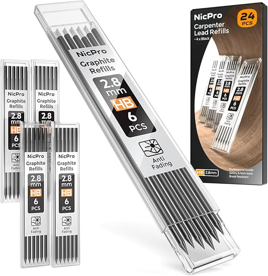 Nicpro 24 Pieces Carpenter Pencil Lead Refills 2.8mm, Lead Refill for Mechanical Carpenter Pencil, Break Resistant 2.8 mm Leads for Construction Pencils, Woodworking Pencil (Black)