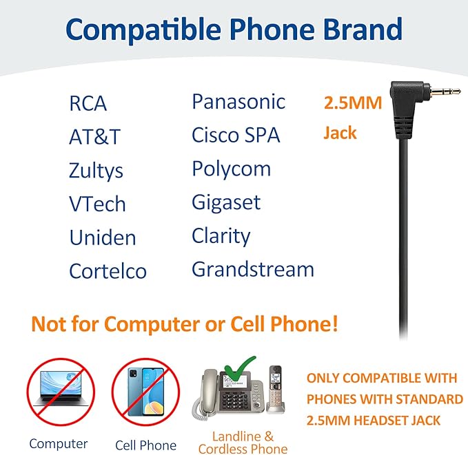 Wantek 2.5mm Telephone Headset with Mic Noise Cancelling, Office Phone Headset Compatible with AT&T ML17929 Panasonic Vtech RCA Uniden Cisco SPA Grandstream Polycom Cordless Dect Phones(A600F)
