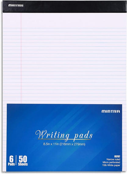 Mintra Office Legal Pads - ((BASIC WHITE 6pk, 8.5in x 11in, NARROW RULED)) - 50 Sheets per Notepad, Micro perforated Writing Pad, Notebook Paper for School, College, Office, Business