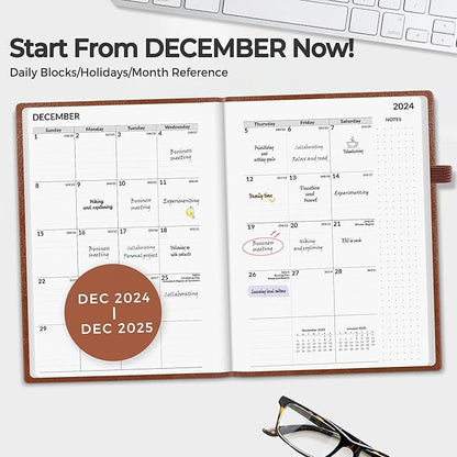 SUNEE 2025 Weekly & Monthly Hardcover Planner 5.5" x 8.3" - 12 Month (January 2025 - December 2025), Small Hardcover Planner, Pocket, Notes, 100 GSM Paper, Brown