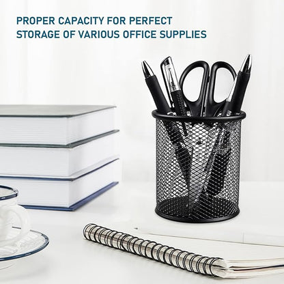 QYH Mesh Pen Cup Metal Pencil Holder for Desk 6 Packs Black Pen Organizer Office 3.54x3.93 Inch
