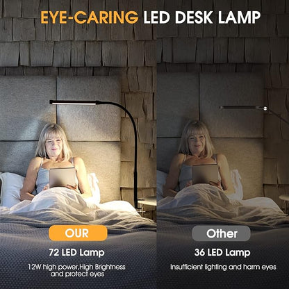 LED Desk lamp with Clamp, Eye-Caring Clip on Lights for Home Office, 3 Modes 10 Brightness, Long Flexible Gooseneck,Metal, Swing Arm Architect Task Table Lamps with USB Adapter, White