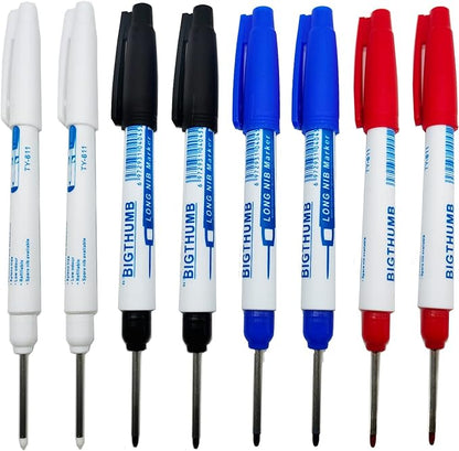 8pcs Waterproof Deep Reach Markers, Long Nose Marker in 2mm Felt Tip, 30mm Reach Permanent Markers and Marker Pens, Deep Hole Marker Carpenter Ink Marker for Carpenters Builders Construction.