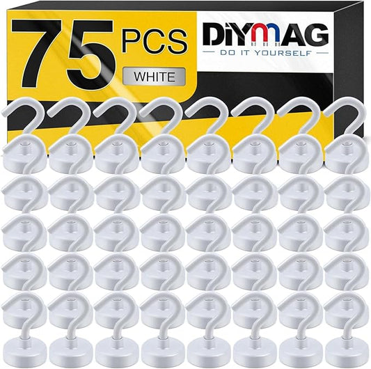 DIYMAG Magnetic Hooks, 30Lbs Strong Heavy Duty Cruise Magnet S-Hooks for Classroom, Fridge, Hanging, Cabins, Grill, Kitchen, Garage, Workplace and Office etc, (75 Pack-White)