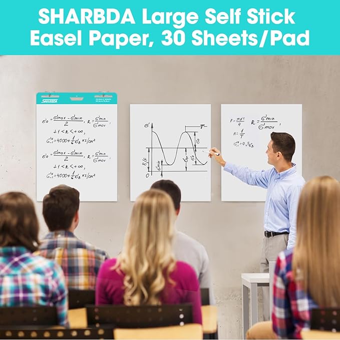 Sticky Easel Pad, 25 in x 30 in,Flip Chart Paper, Chart Paper for Teachers, Large Self-Stick Easel Paper,Super Sticky & Bleed-Resistant,30 Sheets/Pad,10 Pads