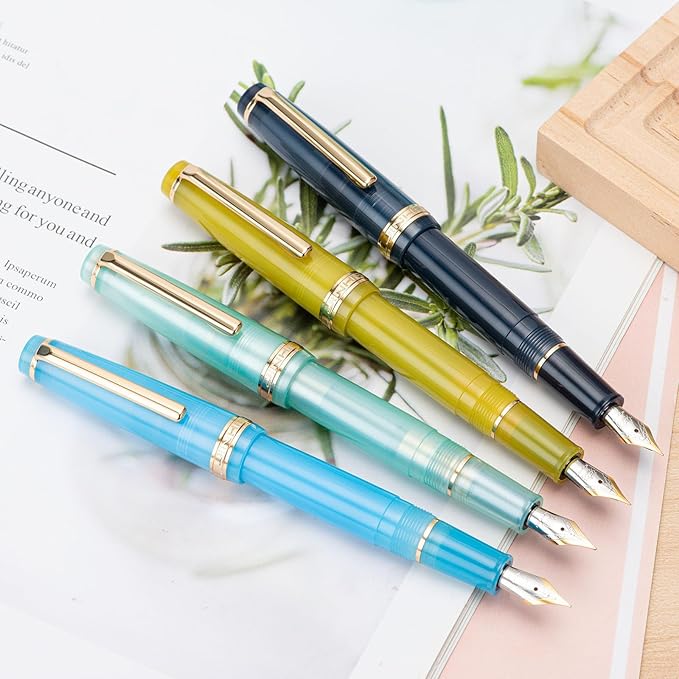 Jinhao 82 Acrylic Fountain Pen, Iridium Fine Nib with Ink Converter, Transparent Sea Blue Classic Design Smooth Writing Pen (Gold Trim)
