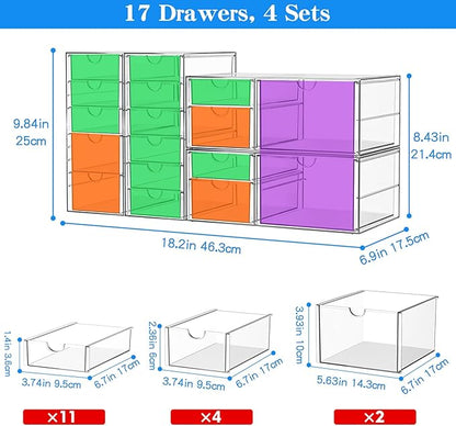 Makeup Acrylic Organizer with 17 Drawers(4 Sets), Desk Organizers and Accessories, Clear Makeup Organizer, Dustproof Storage Drawers for Office Art Craft Supplies