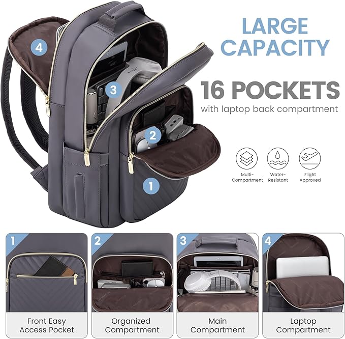 LOVEVOOK Leather Backpack for Women,15.6 inch Leather Laptop Backpack Women Computer Backpack Laptop Bag,Stylish Quilted Travel Backpack Purse Work Bag College Teacher Backpack with USB Port,Purple