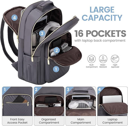 LOVEVOOK Leather Backpack for Women,15.6 inch Leather Laptop Backpack Women Computer Backpack Laptop Bag,Stylish Quilted Travel Backpack Purse Work Bag College Teacher Backpack with USB Port,Purple
