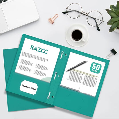 Two Pocket Folders, RAZCC 75 Pack Two Pocket Folders with Prongs, 3 Prong Folders Fit Letter Size Paper, Pocket File Folders for School Office Home Business, Turquoise