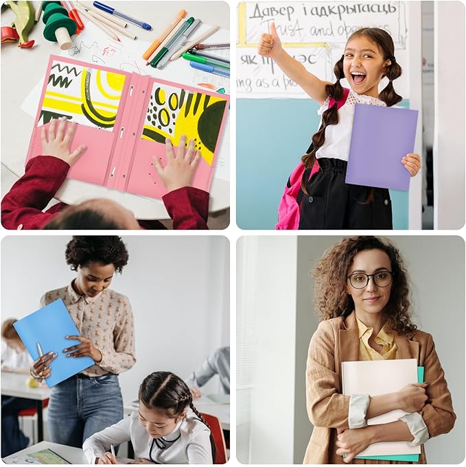 ViVin 12-Pack Sturdy Plastic Folders with Pockets and Prongs, Pastel Color 2 Pocket Poly Folder, fits 8.5 * 11 Letter Size Paper, for School, Home and Office (Light Yellow)