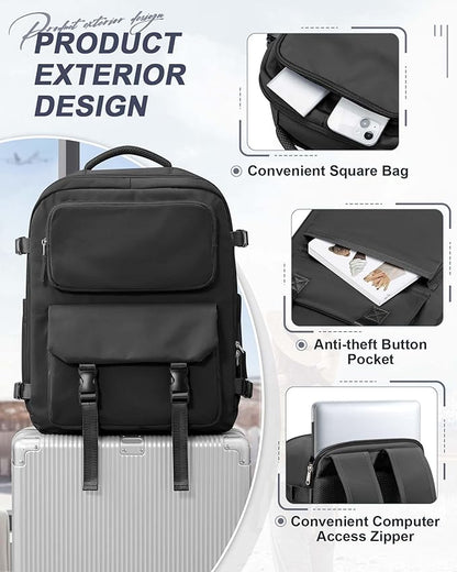Large Black Travel Backpack for Women Men, Carry On Backpack with USB Charging Port & Shoe Pouch, TSA 15.6inch, Flight Approved, College Nurse Bag Casual Laptop Daypack for Weekender Business Hiking
