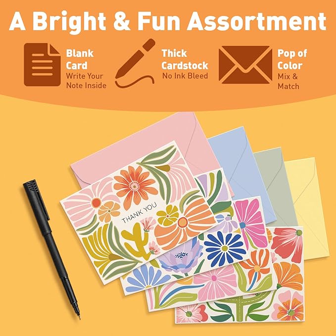 S&O Thank You Cards with Envelopes - Blank Stylish papers for Handwritten Messages -Set of 24 decor sheets and Envelopes - Assorted cute Cards with Stylish Color covers to Mix & Match