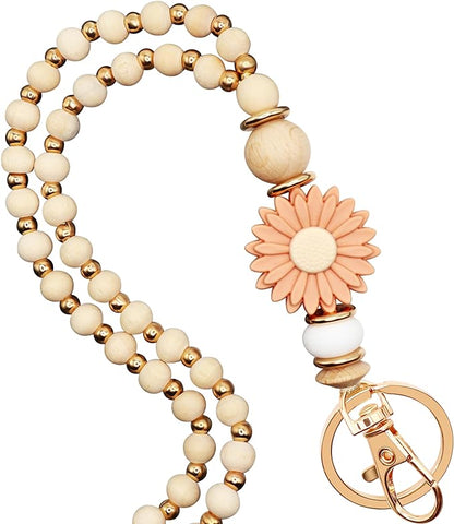 Wooden Teacher Lanyards for Id Badge Cute Flower Wood and Gold Beaded Lanyards for Women for Nurse Badge