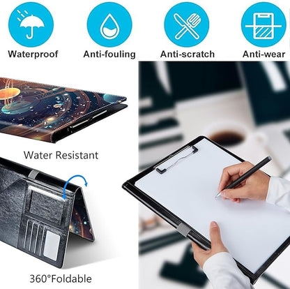 PU Leather Padfolio Folder Clipboard Portfolios Organizer Conference Document Organizer with Business Card Holder Storage Clipboard Writing Pad,Starry Night Moons Sun